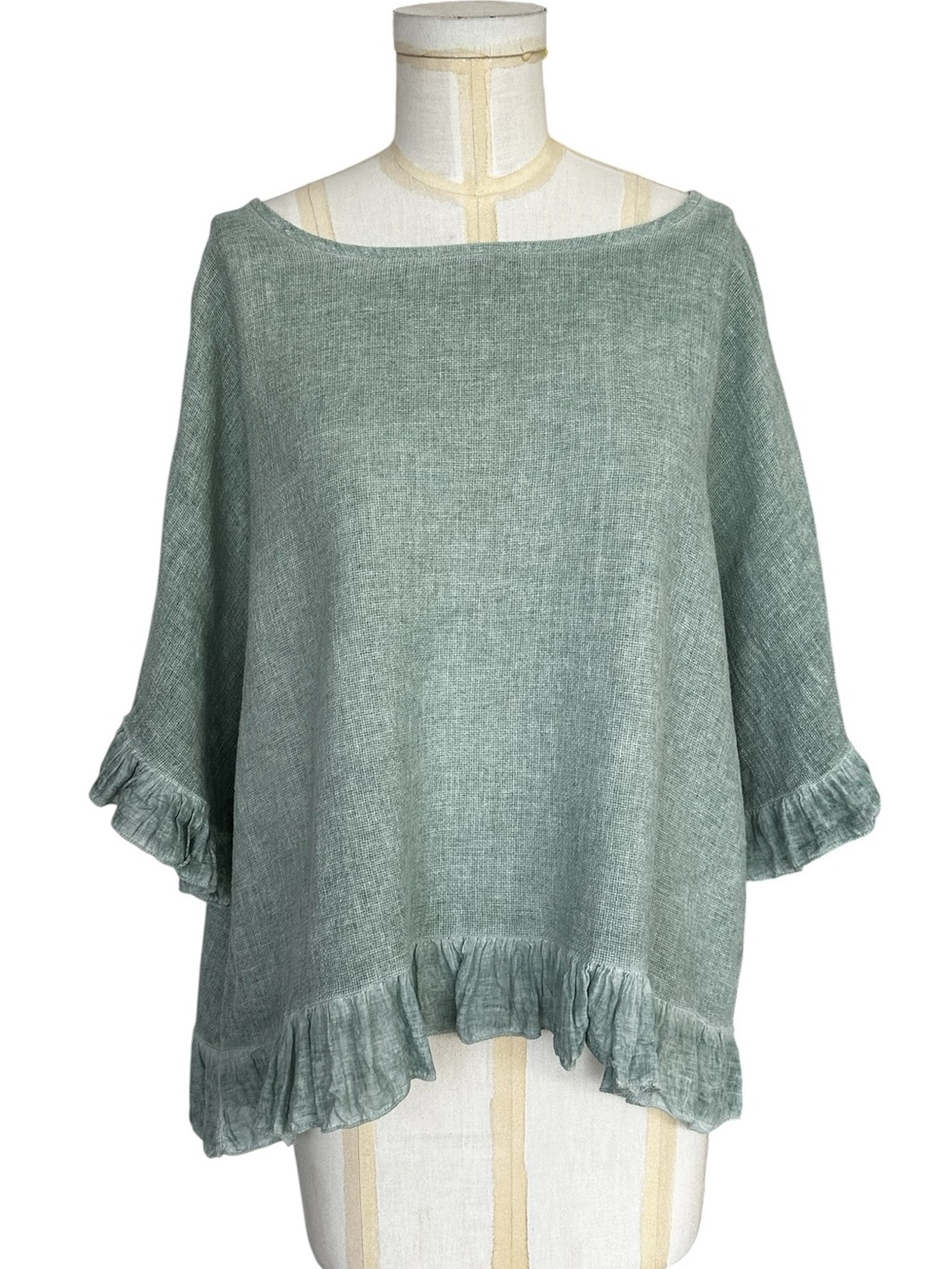 Gabriella Women's Relaxed Fit Italian Linen Blend Top Ruffled Trim‎ One Size